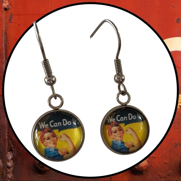 Stainless Steel Dangling Earrings - Rosie the Riveter - Picture 3 of 5